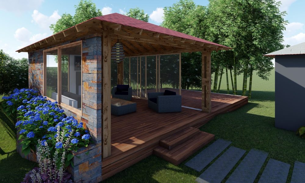 Kiosco en madera y piedra